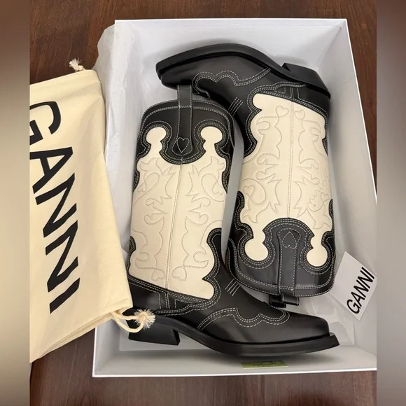 NWT GANNI  Mid Shaft Embroidered Western Cowboy Boots in Black/Egret Sz US 8 - Picture 5 of 17
